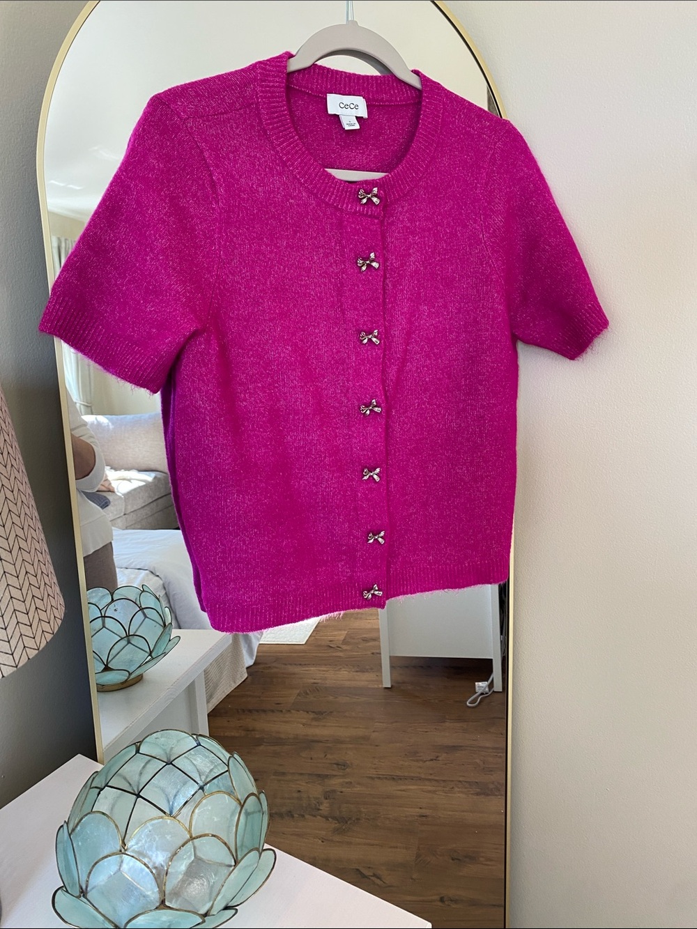 CeCe Bright Fuchsia Short Sleeve Knit Cardigan with Bow Buttons